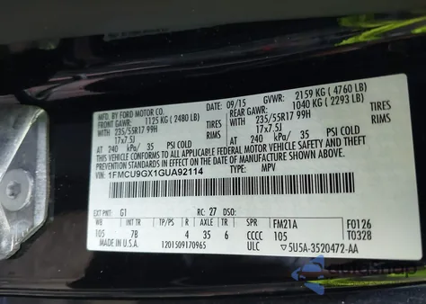 2016 Ford Escape Se из США, поврежденный, VIN 1FMCU9GX1GUA92114